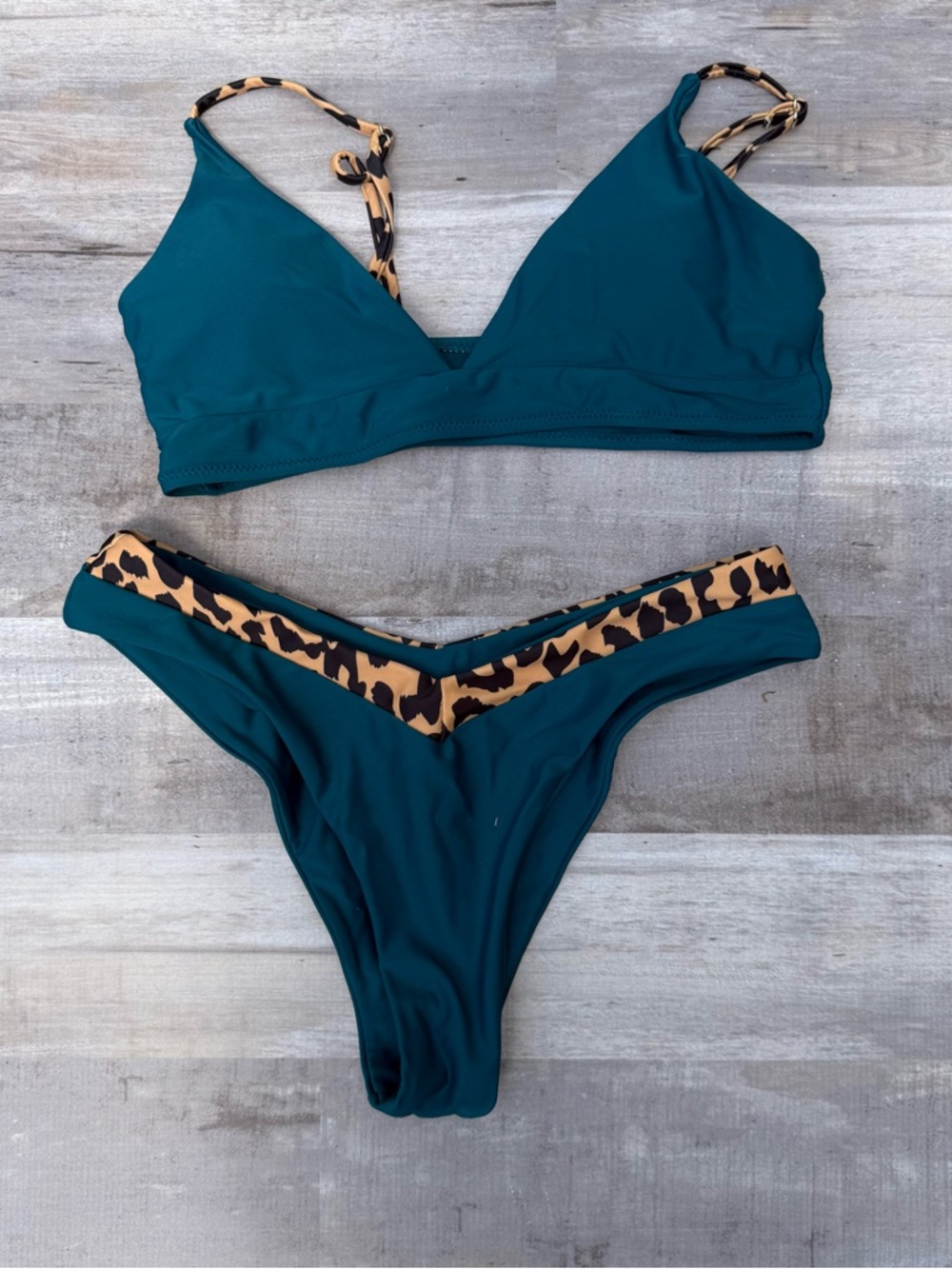 SHEIN Teal Bikini Set with Leopard Trim